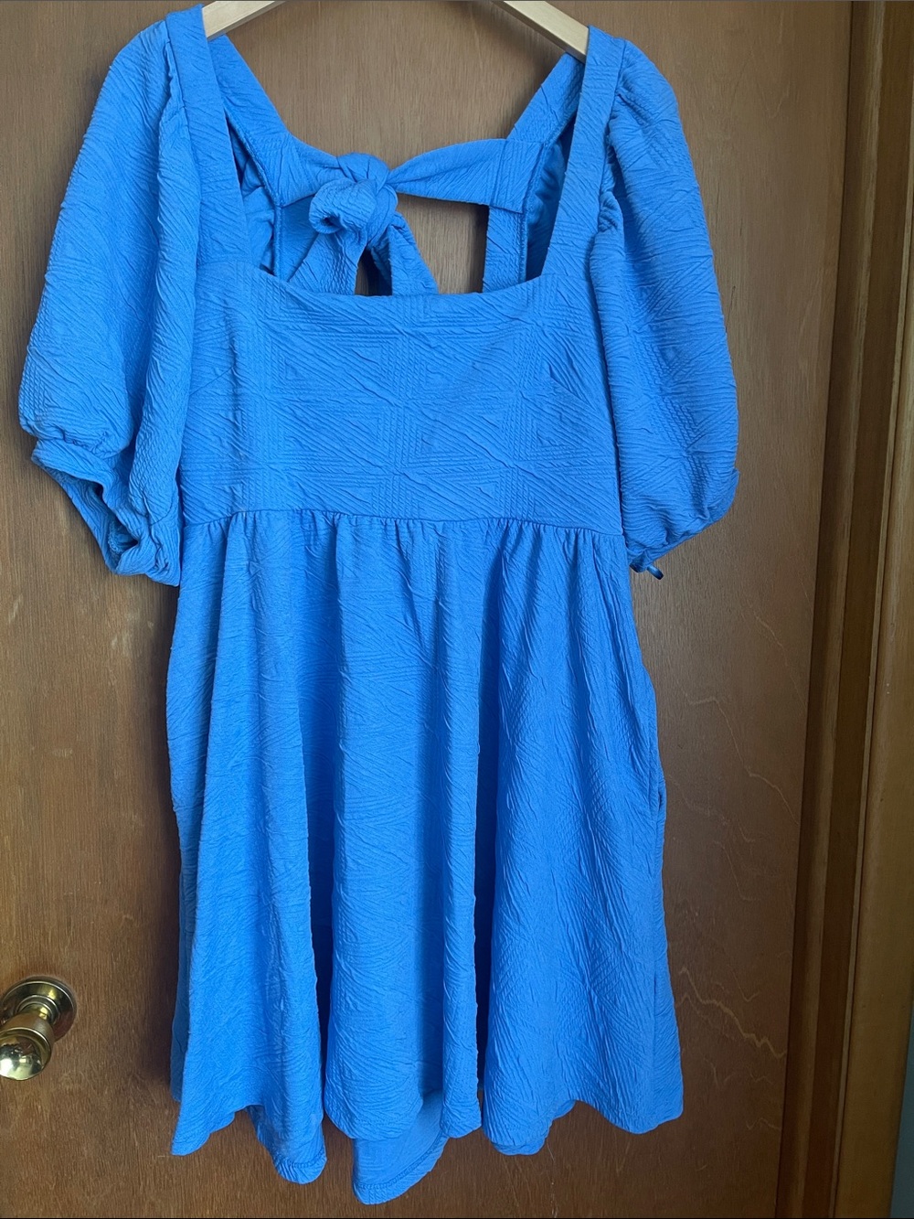 Free People Bright Blue Puff-Sleeve Tie-Back Dress